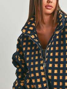 Sherpa Checkered Jacket For Women Plaid Zip Up Fleece Jacket With Pockets Winter Fall Fuzzy Cropped Coats - Navy Blue - View 6