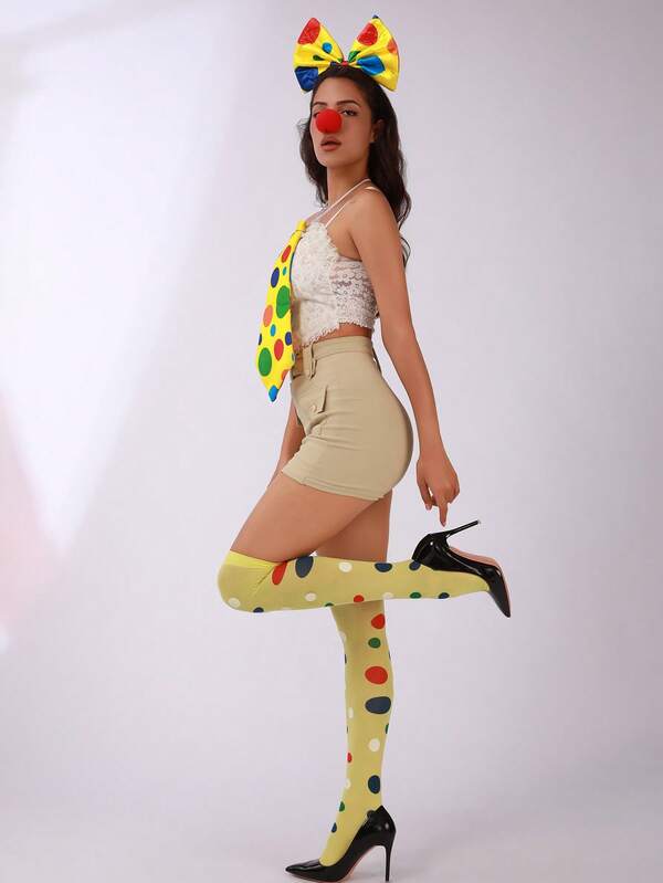 4pcs Clown Costume Party Set - Funny Clown Outfit & Accessories: Bow Headband + Red Nose + Polka Dot Bow Tie + Polka Dot Stockings, Suitable For Halloween Costume, Role Play, Funny Makeup Accessories, Creative Funny Outfit Set