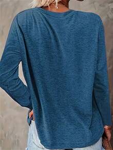 1 Piece Of Printed Round Neck T-Shirt, Casual Long Sleeve Comfortable Daily Wear Top, Suitable For Spring And Autumn, Women's Classic Versatile - 灰色的 - 查看 9