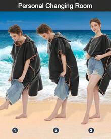 Poncho de Surf, Albornoz de Playa, Poncho Toalla,Bata de Baño de Microfibra con Capucha,Adecuado para el Surf, la natación, el baño y Las Playas, Absorbente y de Secado rápido. (Negro) - Negro - Ver 12