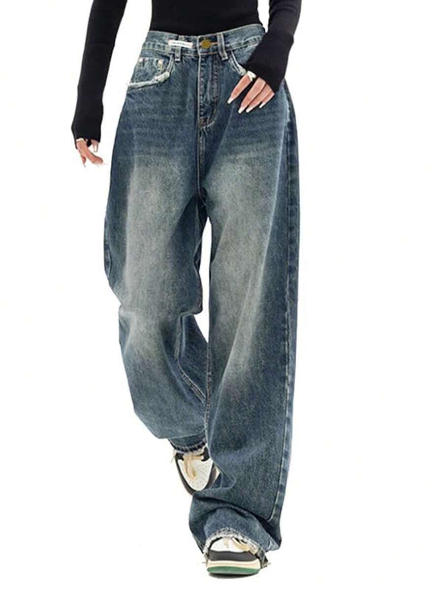 Women's Y2k Baggy Jeans High Waist  Wide Leg Jeans Casual Loose Boyfriends Trousers Vintage Grunge Streetwear, Fall And Winter Denim Pant For Women - 復古藍 - 查看 1