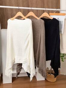 1pc Women Solid Color Poncho Asymmetrical Tassel Batwing Sleeve Sweater Cape Outerwear,Beach,Holiday - Multicolor - View 3