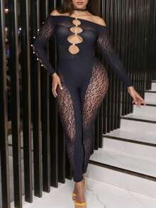 Women's Off-Shoulder Hollow-Out Jumpsuit - Black - View 2