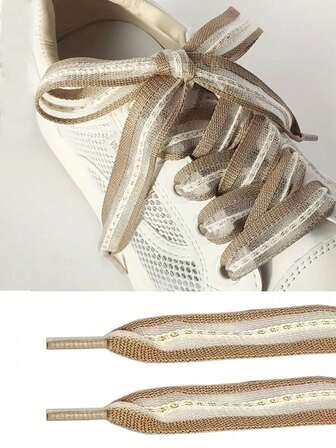 1 对 2 厘米宽空心蝴蝶结扁平鞋带，银线扁平编织透明条纹鞋带，适用于正装鞋，