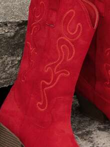 Women's Fashion Versatile Solid Color Embroidered Wedge Slip-On Stylish Boots - Red - View 6