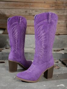 Women's New Fashion Solid Color Embroidered Slip-On High Heel Boots, - Purple - View 6