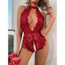 Body Lingerie Feminino Gola com decote profundo rendado com aberturas sexy - Vermelho - Visão 4
