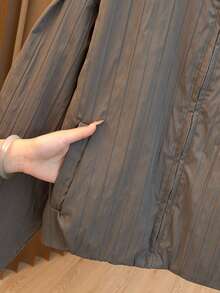 Women's Casual Jacket, Striped Woven Fabric, Pockets, Zipper, Puff Shoulder Design, Oversized Fit, Suitable For Various Figures, High-Quality Solid Color, Simple & Fashionable, Versatile For Daily Commute In Autumn/Winter - Grey - View 7