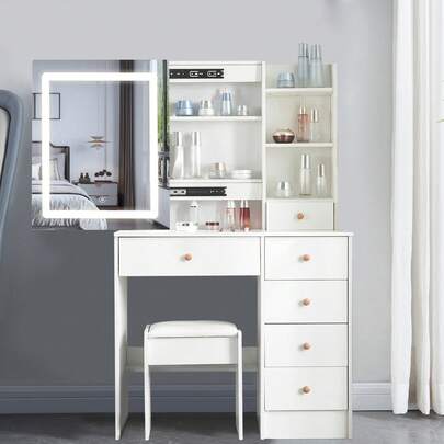 White Dressing Table Makeup Vanity Desk W/ 6 Drawers Sliding Mirror For Bedroom - Perfect For Organizing Makeup, Skincare, Elegant Vanity|Decorative Vanity, Vanity Furniture, Compact For Small Space, Bedroom Decor Gift , Suitable For Christmas And Halloween Decorations