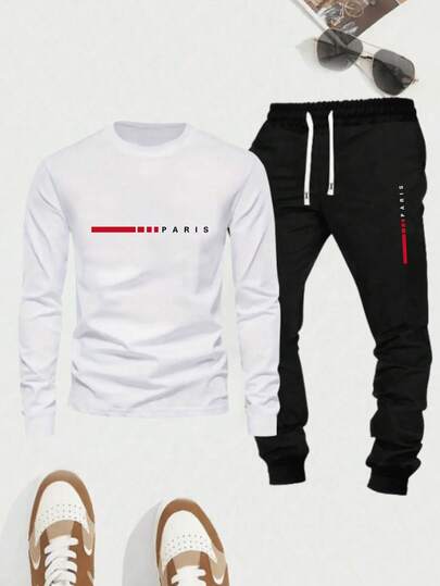2 pièces/Set Tee-shirt casual à manches longues col rond avec imprimé graphique PARIS + Pantalon casual, Vêtements d'automne pour grands formats