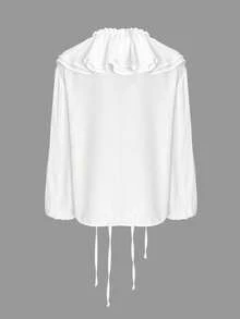 Damen Lässig und elegant einfarbige doppellagige Rüschen V-Ausschnitt dünne Träger normale Schulter locker plissierte Puffärmel Bluse mit Rüschenkragen, Langarm Schnürung Büro Arbeitsbluse, Frühling Sommer Herbst - Weiss - Übersicht 9