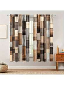 2 Stücke mehrfarbige Retro Geometrische Holzmuster Vorhänge, Digital bedruckt, durchsichtiger Polyesterstoff, geeignet für Wohnzimmer, Küche, Schlafzimmer, Arbeitszimmer, Badezimmer, Hotel, Esszimmer, Flur, Heimdekoration
