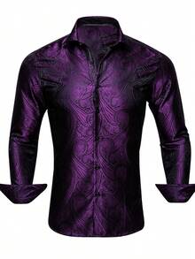 Mens Shirt Purple Floral Long Sleeve Regular Set Wedding Formal Casual Business Party - 紫色 - 查看 4