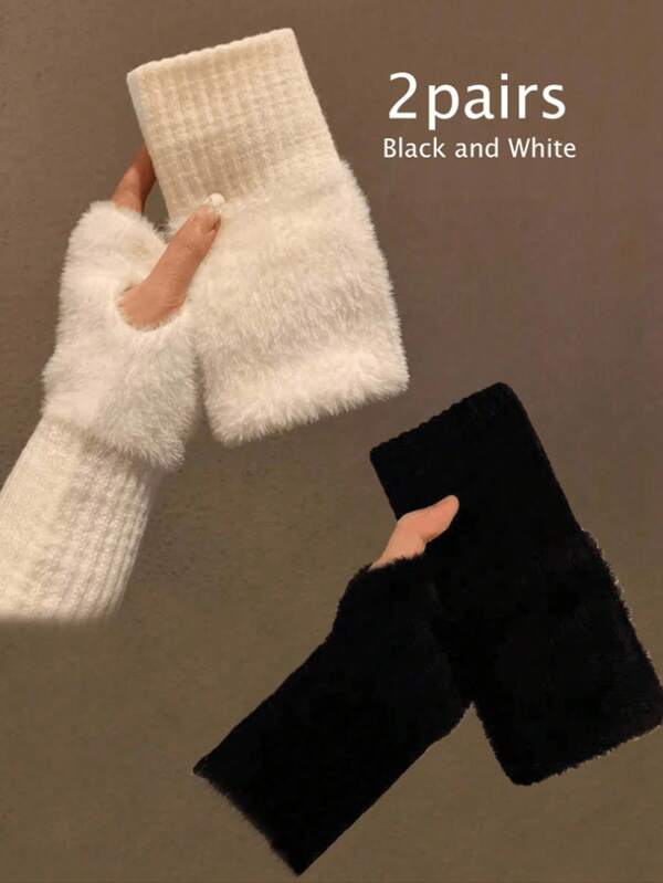 2 Paar Damen fingerlose gestrickte Plüschhandschuhe, warme Winterhandschuhe Kunstfell Fäustlinge vielseitig niedlich Büro Radfahren windundurchlässige fingerlose Handschuhe