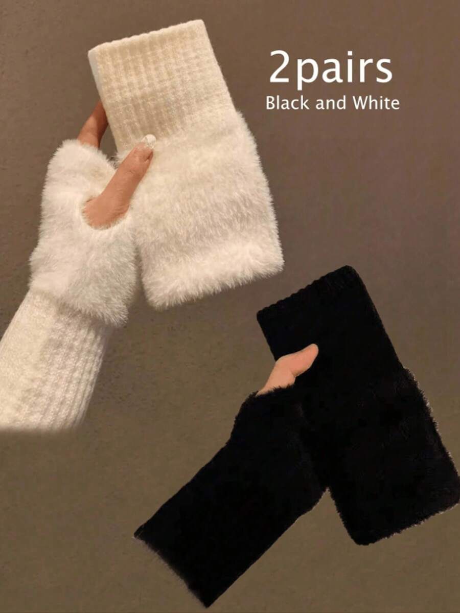 2 双女式露指针织毛绒手套，冬季保暖手套人造毛皮手套多功能可爱办公室骑行防风露指手套