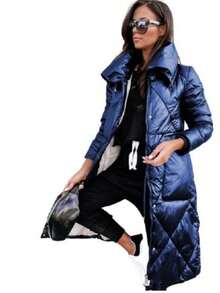 Women's Winter Long Puffer Coat Shiny Lapel Zipper Elegant Commuter Jacket - 藍色 - 查看 2