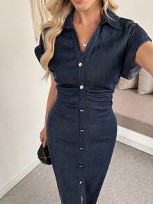 女式优雅褶皱单排扣纯色短袖领直筒连衣裙，梭织面料，夏季 - 藍色 - 查看 5