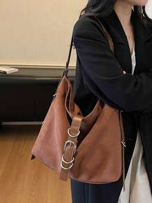 Sac à épaule pour femme, sac fourre-tout avec boucle, grand sac , couleur café, convient pour le shopping et les déplacements - Marron - Voir 4