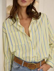 Plus Size Women's Elegant Long Sleeve Shirt, Spring Casual Striped Button-Down Blouse With Back Slit, Smooth Fabric, Yellow Striped Personalized Shirt - أصفر - مشاهدة 6
