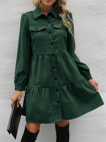 Women's Casual Commuter Solid Color Front Button Long Sleeve Dress