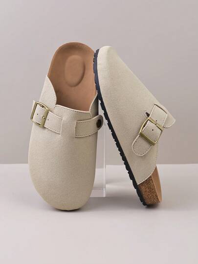 1 Pair Teenage Metal Buckle Decor Faux Suede Material Comfortable Slip-On Round Toe Low Heel Thick Soft Bottom Casual Slide Sandals, Suitable For Daily Wear