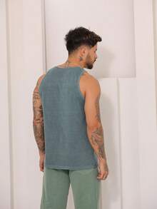 Men's Summer Plain Scoop Neck Tank Top With Washed Mesh Stitching - Màu xanh lá cây đậm - Xem 4
