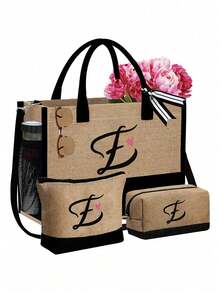 字母帆布手提袋套装，包含化妆包、洗漱包、钱包和个性化礼品袋，时尚休闲单肩包，适合婚礼、生日、海滩、度假、节日、上学等场合，是送给女性、妈妈、老师和朋友的绝佳礼物。 - 彩色 - 查看 42