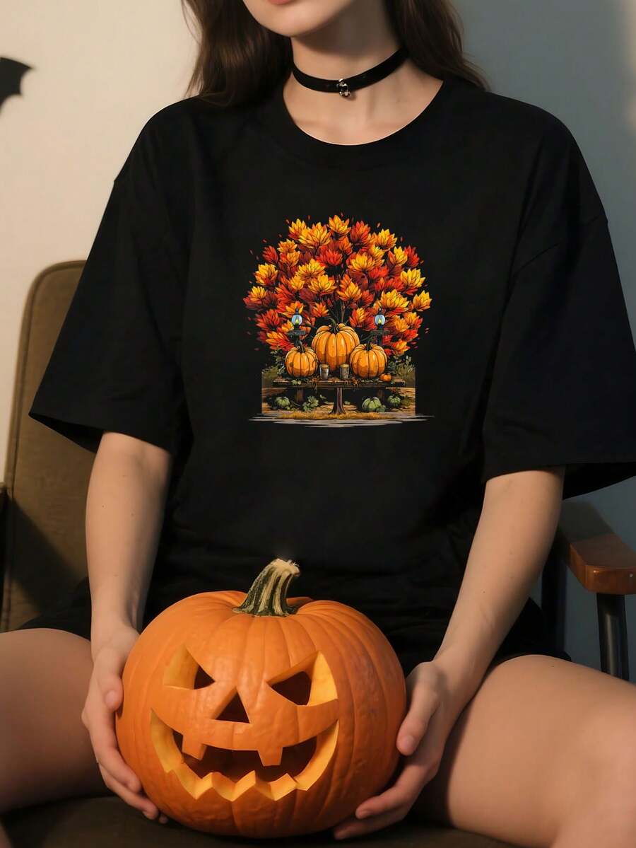Cottagecore Pumpkins Leaves Trees Fall Autumn Season Graphic-Shirt Graphic Tees Women Crop Tops Summer Outfits Women Summer Tops-Shirt - Black - View 1
