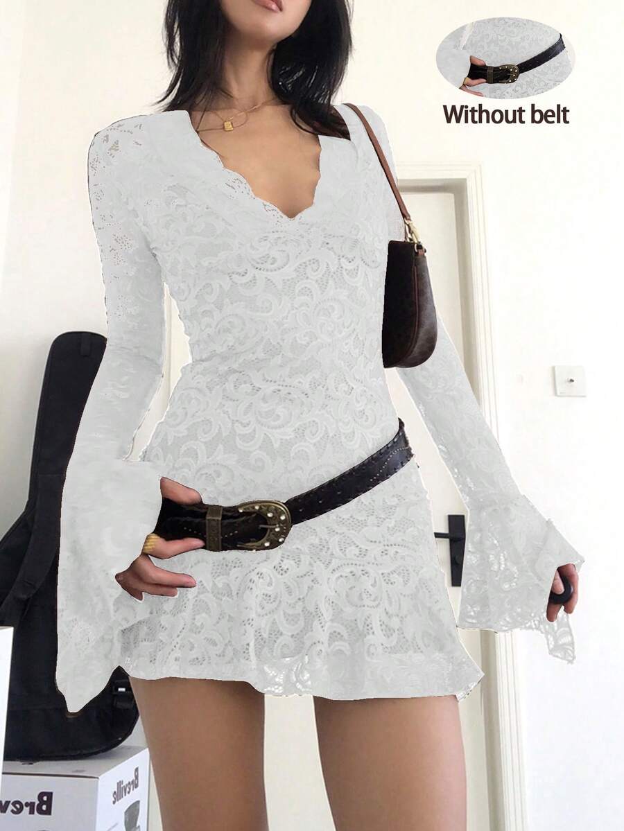 2件套新款女式蕾丝拼布喇叭袖连衣裙，春夏