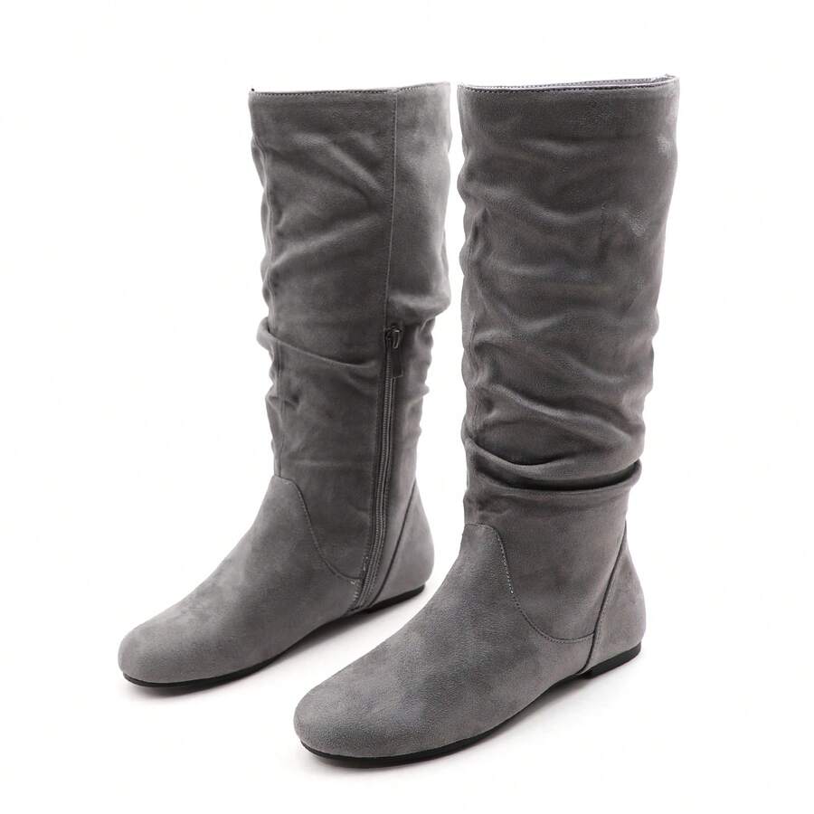 lunryet Women's Soft Suede Low Heel Mid Calf Boots | Comfortable Fall Outdoor Footwear With Side Zipper & Non-Slip Sole SHELLY-1 - 灰色 - 查看 1