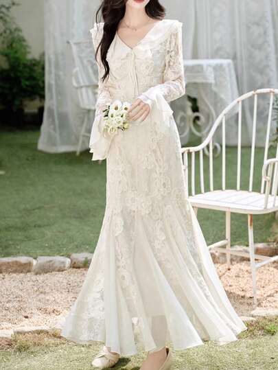 Fall Women Elegant Casual Babydoll Dress Lace Patchwork Ruffler Vintage Party Birthday Christmas All White Dresses Solid Chic Cute Kawaii Female Slim Autumn Winter Clothes Wedding Guest Long Graduation Mujers