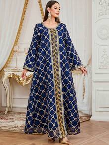 女士穆斯林长袍连衣裙，长袖土耳其时尚刺绣串珠饰边长袍，优雅奢华的阿拉伯长袍 - 藏蓝色 - 查看 2