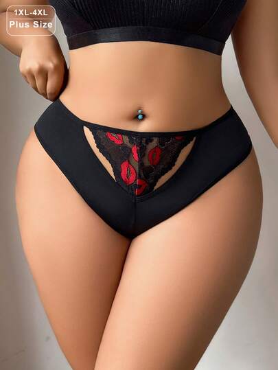 Plus Size Women's Black Lace Lip Patchwork Knit Low Waist Comfortable Sexy Thong Panties