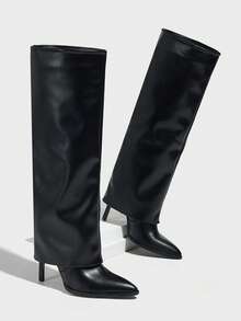 女士尖头细高跟侧拉链及膝靴皮靴，秋冬鞋履，黑色，性感经典设计，带有石质纹理 - 黑色 - 查看 5