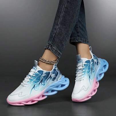 Lightweight Casual Sports Sneakers For Women,Cushioned Shock Absorbing Soft Sole Running Shoes,Color Blocking Lace Up Mesh Thick Sole Chunky Sneakers,Unisex
