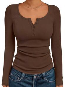 Long Sleeve Shirts For Women Henley Ribbed Fall Tops Dressy Business Casual Teen Girl Winter Cute Basic Tees - màu nâu - Xem 1