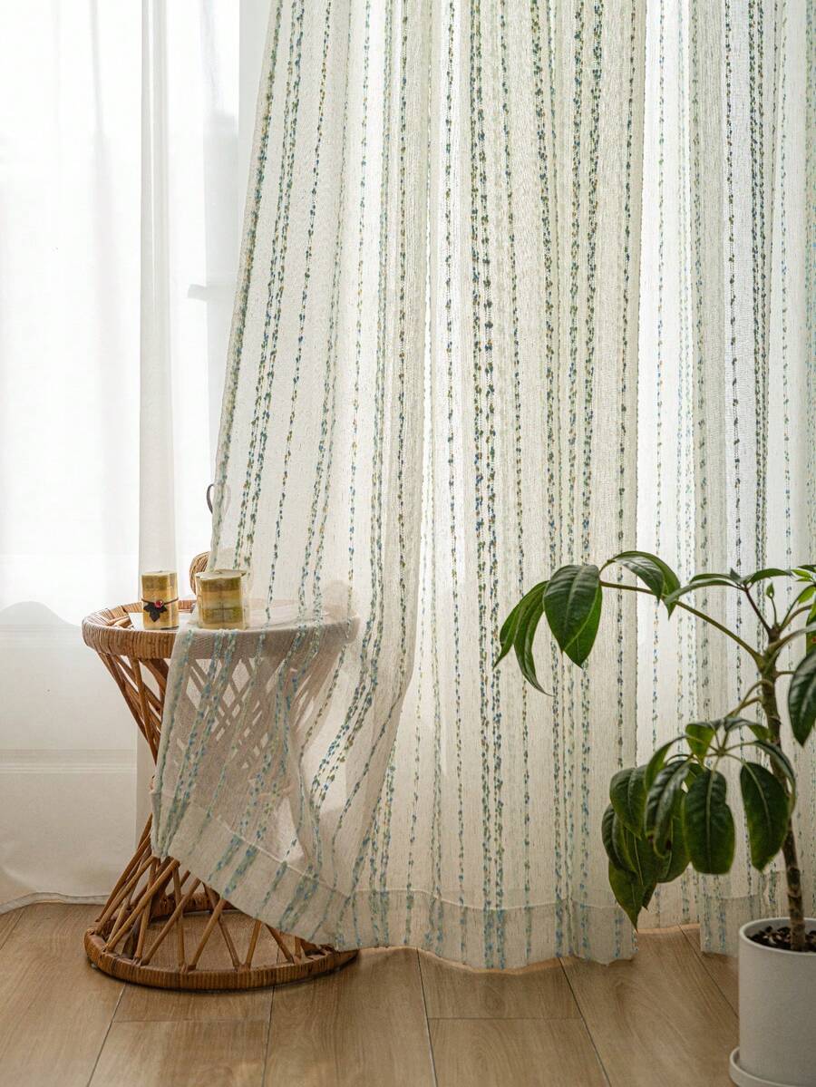 1 件亚麻条纹糖果现代薄纱窗帘 - 日式亚麻风格，杆袋设计，适用于客厅和卧室 - 透明过滤窗帘，客厅窗帘，卧室窗帘 - 彩色 - 查看 1