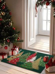 1PC Christmas Mat Green Background Christmas Tree Forest Pattern Mat Multicolor Xmas Tree Printed Door Mat Holiday Decor Entrance Floor Mat Non Slip Wear Resistant Home Door Mat Christmas Theme Home Decoration-Thickness 1cm