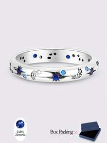 1 Pc Original 925 Sterling Silver Rings For Women 4-10 Sizes Class Star Moon Pattern Cubic Zirconia Stackable Ins European And American Style Elegance Jewelry Gifts Fits Daily Party Shopping - Silver - View 14