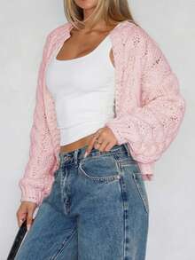 Áo khoác cardigan dệt kim dày dặn dành cho nữ, dáng ngắn, màu trơn, tay dài, dáng rộng, phù hợp mặc hàng ngày, màu hồng mùa thu. - Hồng - Xem 10