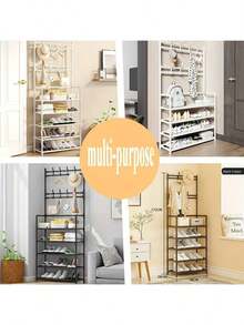 5-Tier Multi-Purpose Storage Rack,Hat Organizer Holder, Freestanding Coat Rack With 8 Double Hooks, 31.49 Inch Wide Hallway Shoe Rack, Entryway Coat Rack, Living Room, Bathroom, Hallway Shoe Rack Organization And Storage Home Decor Fall Decorations For Home Room Decor - Black - View 9