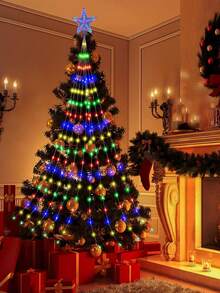 Solar Waterfall String Lights,Christmas Tree Lights Outdoor Waterproof,Garden Light String ,9 Strands,2m 200leds 3m 290leds Christmas Tree With Topper Star Lights String ,8 Modes Atmosphere Light, Fairy Lights For Garden, Wedding, Tree, Wall, Party Christmas Decoration(Warm White/Multicolor)