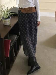 ROSIE POPHUB 女士海军蓝格子复古优雅长裙，休闲百搭日常生日裙，适合上学、教师节、约会等场合，夏季新品 - 藏蓝色 - 查看 4