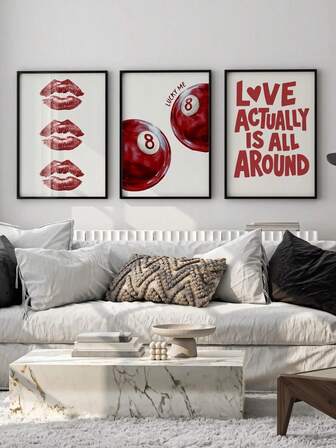 1pc Unframed, Cherry Red Wall Art Retro 8 Ball, Kiss Lips, Preppy Decor (Digital Download)