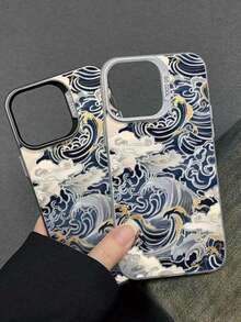 1 pieza Funda de teléfono a prueba de caídas con diseño de ola Ukiyo-E, compatible con Apple 16/15/14/13/12/11/X/XS/7/8 - Concha plateada coloreada - Ondas Ukiyoe blancas - Ver 1