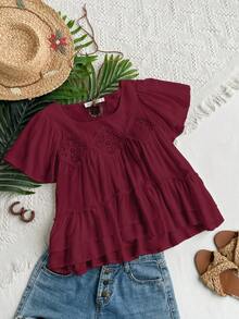 Rusttydustty 女士白色V领短袖叠层下摆衬衫，波西米亚风格，适合海滩、夏威夷音乐节和热带度假等夏季穿着 - 酒紅色 - 查看 5