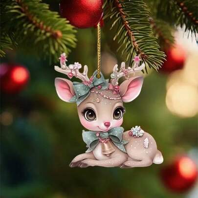 2pcs Christmas Bow Bell Deer Christmas Tree Ornaments, Car Hanging Decor, Home Decoration