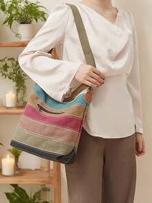Sac à bandoulière pour femme, sac hobo en toile, sac à main, sac à bandoulière multicolore avec poignée - Multicolore - Voir 3