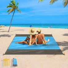 1 Piece Waterproof And Sand-Proof Beach Blanket, Foldable Beach Mat, Picnic Mat With 4 Corner Stakes For Outdoor Camping Travel Vacation Hiking - Blue - View 1