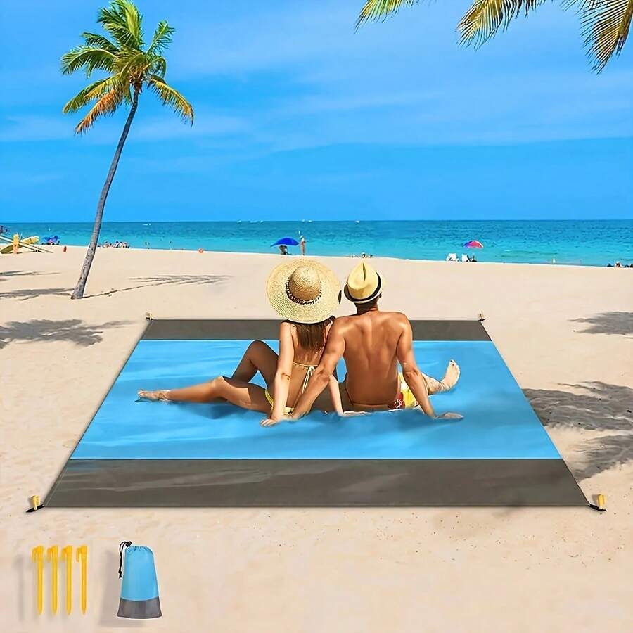 1 Piece Waterproof And Sand-Proof Beach Blanket, Foldable Beach Mat, Picnic Mat With 4 Corner Stakes For Outdoor Camping Travel Vacation Hiking - Blue - View 1